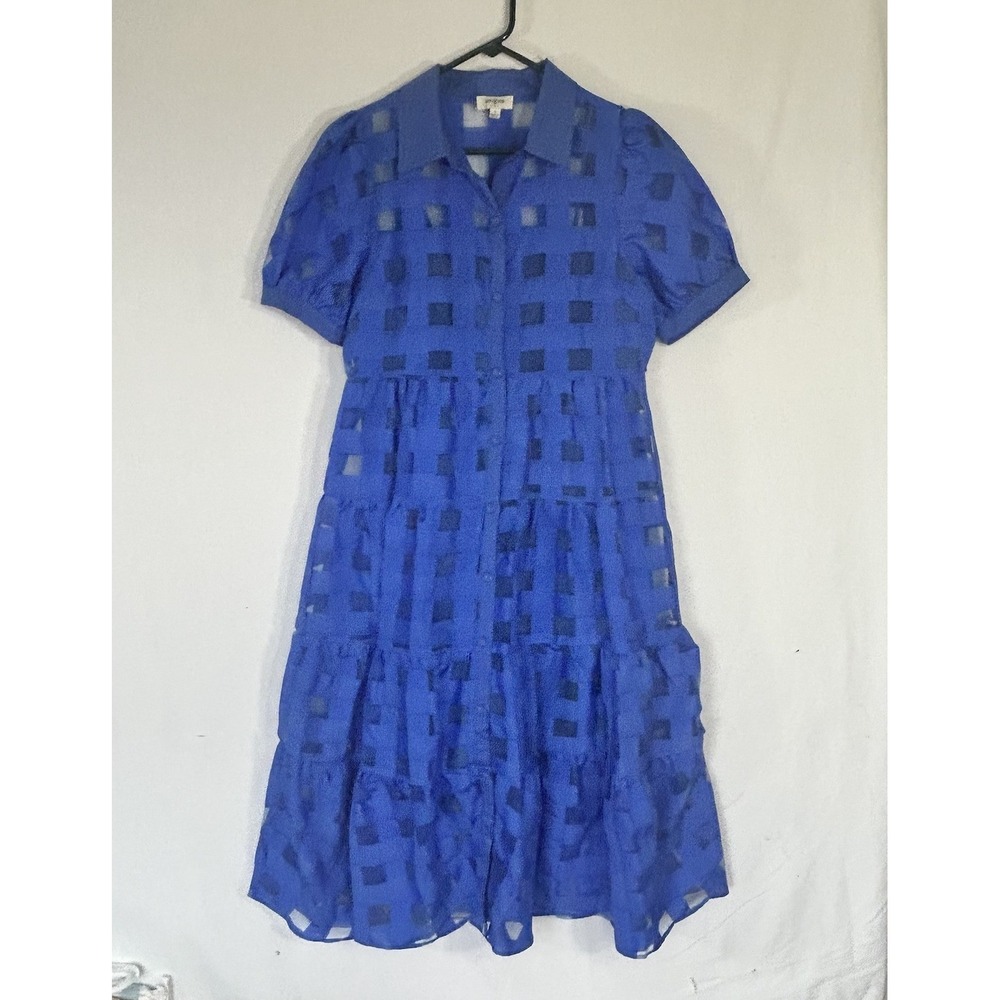 Umgee Women's Dress Tiered Short Puff Sleeve Windowpane Button Cobalt Blue Small